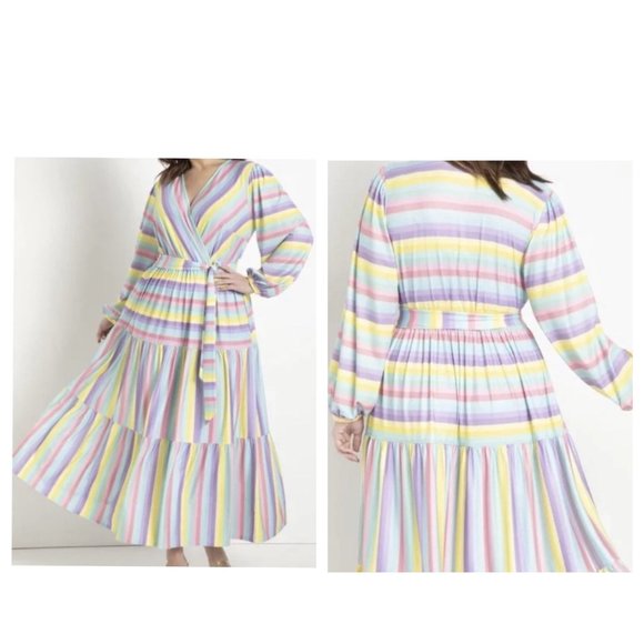 ELOQII Maxi Dress Womens 18 Easter Colorful Striped Tiered Ballon Long Sleeves - Picture 2 of 16